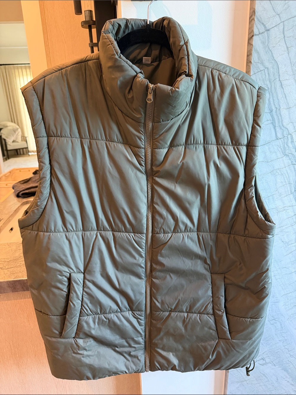 Womens Olive Quilted Puffer Vest - Sleeveless Jacket